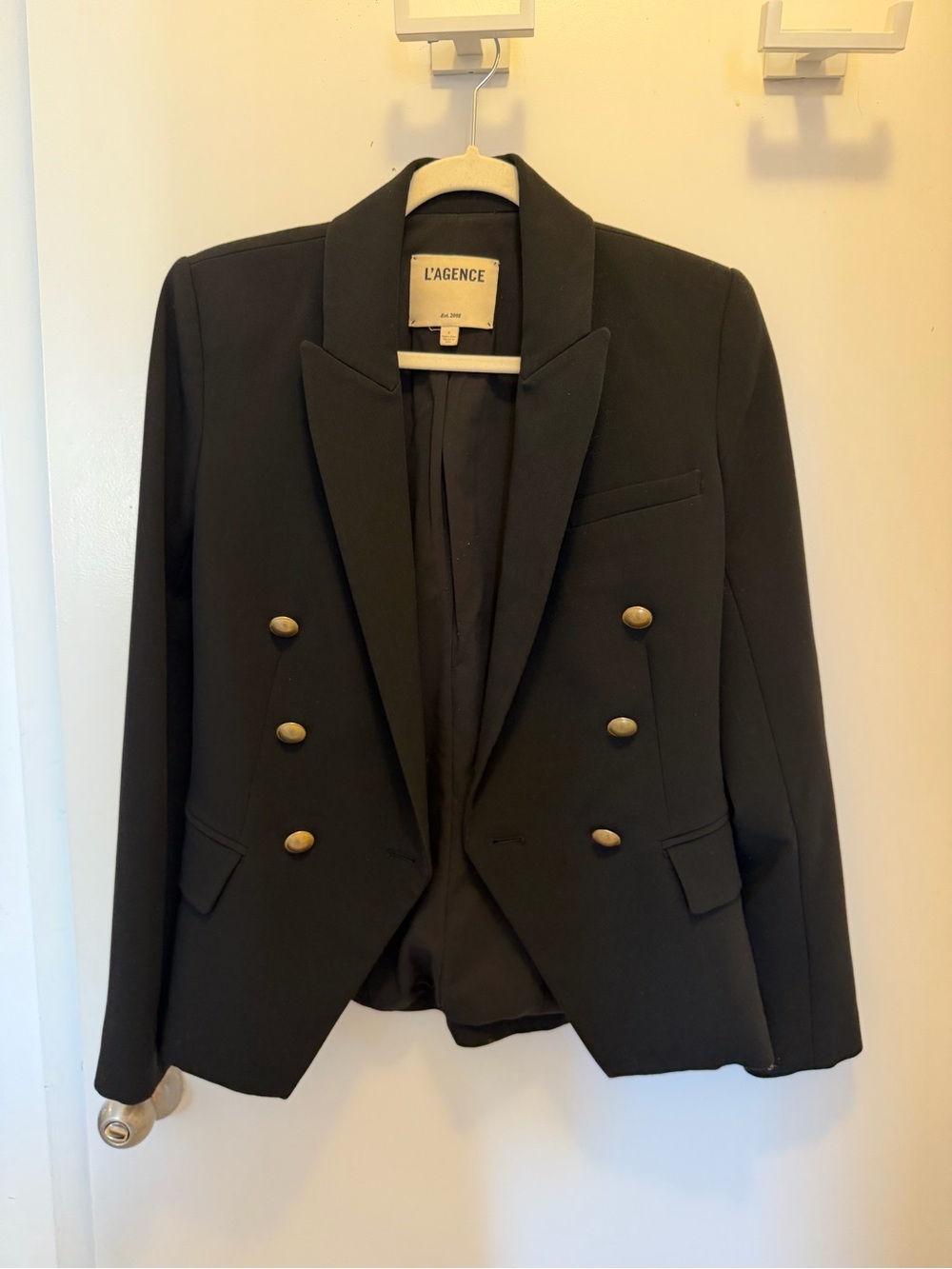 L'AGENCE Black Double-Breasted Tailored Blazer with Gold Buttons